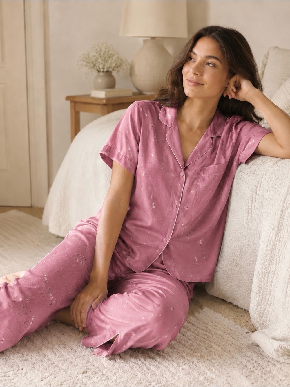 Old Navy XS Plum Floral Satin Pajama Set Button Front Top Pants